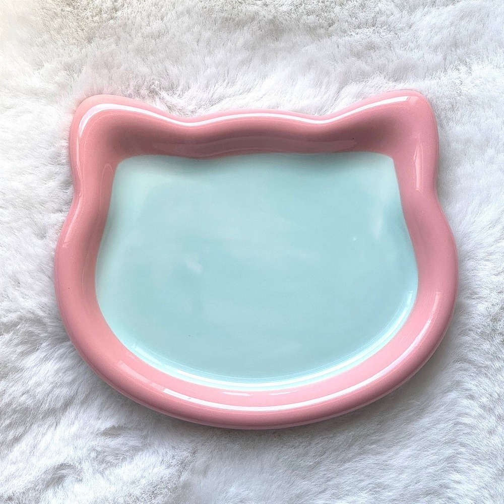New Ceramic‎ Cat Plate Whisker Fatigue Friendly Pastel Pink Blue Kitty Dish